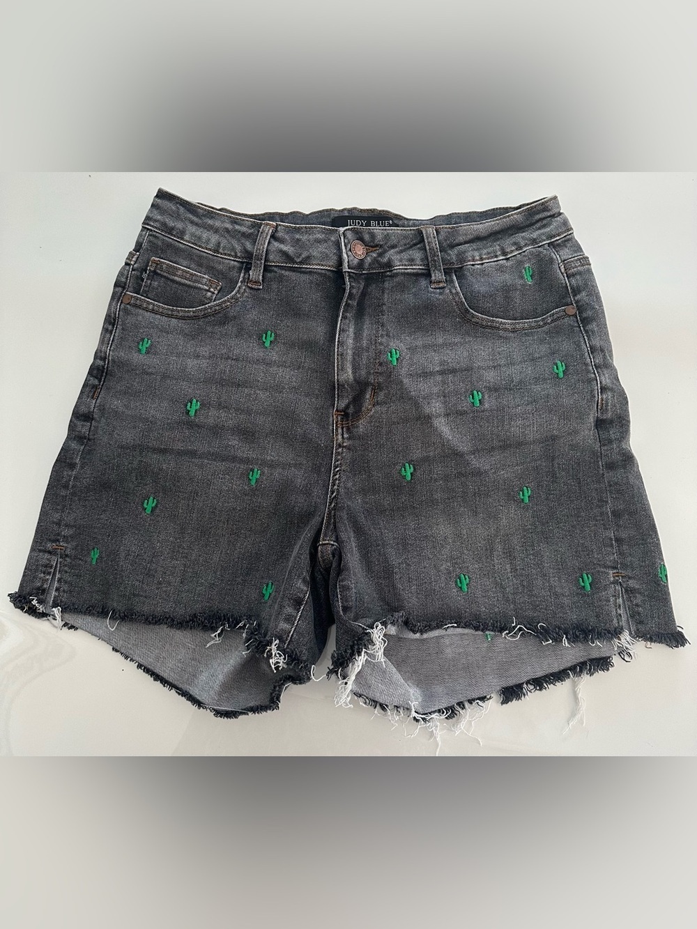 Judy Blue 1X Plus Cactus Embroidered Gray Black Raw Hem Cut-Off Shorts Hi Waist